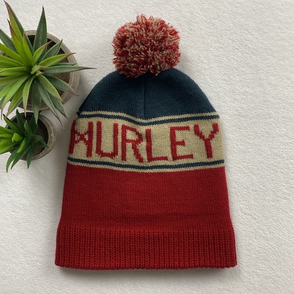 Hurley Striped Color Block Acrylic Knit Cuff Pom Beanie (Red/Blue/Cream) - Picture 6 of 9